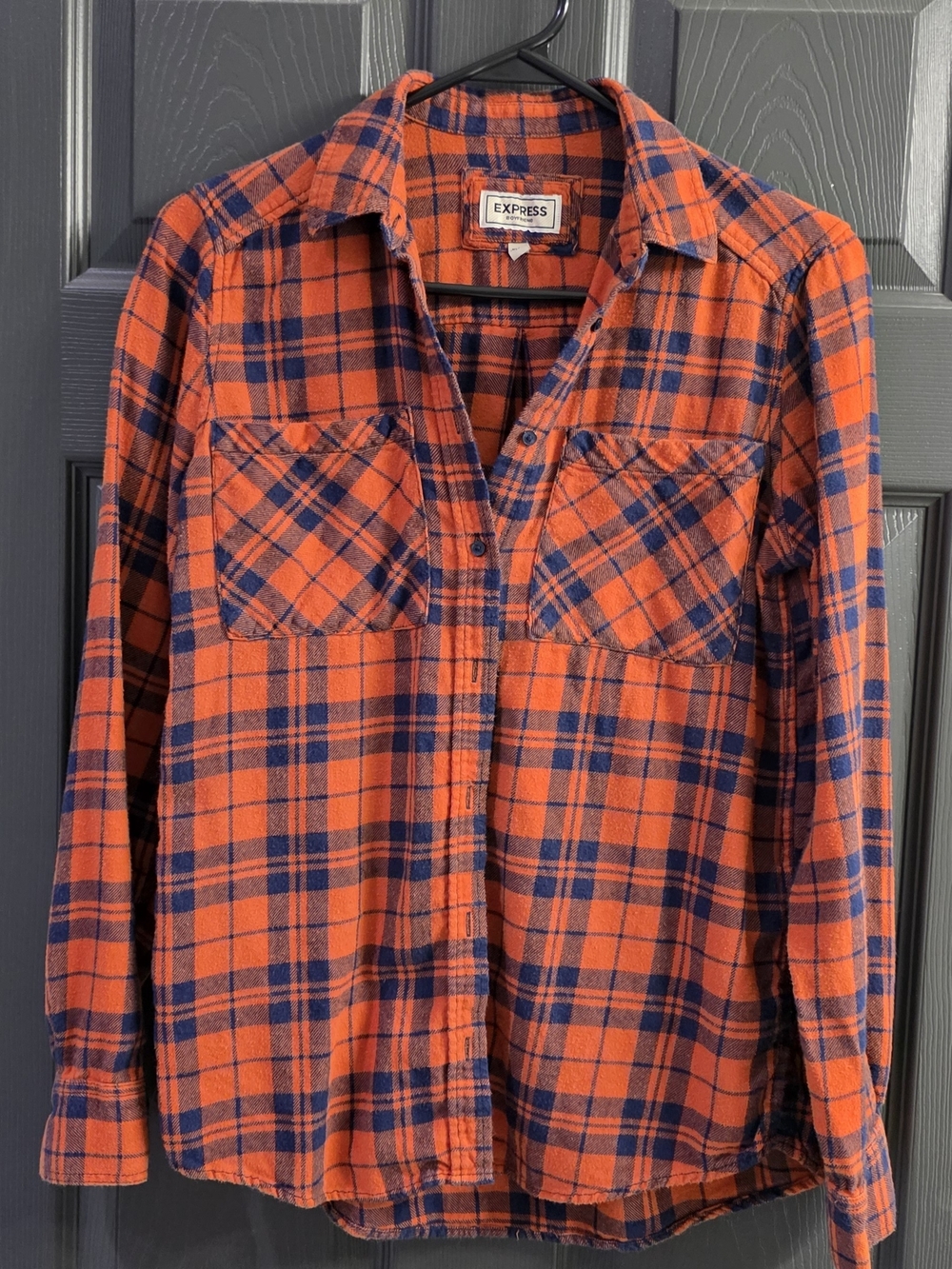Express Men’s Orange & Navy Plaid Flannel Shirt